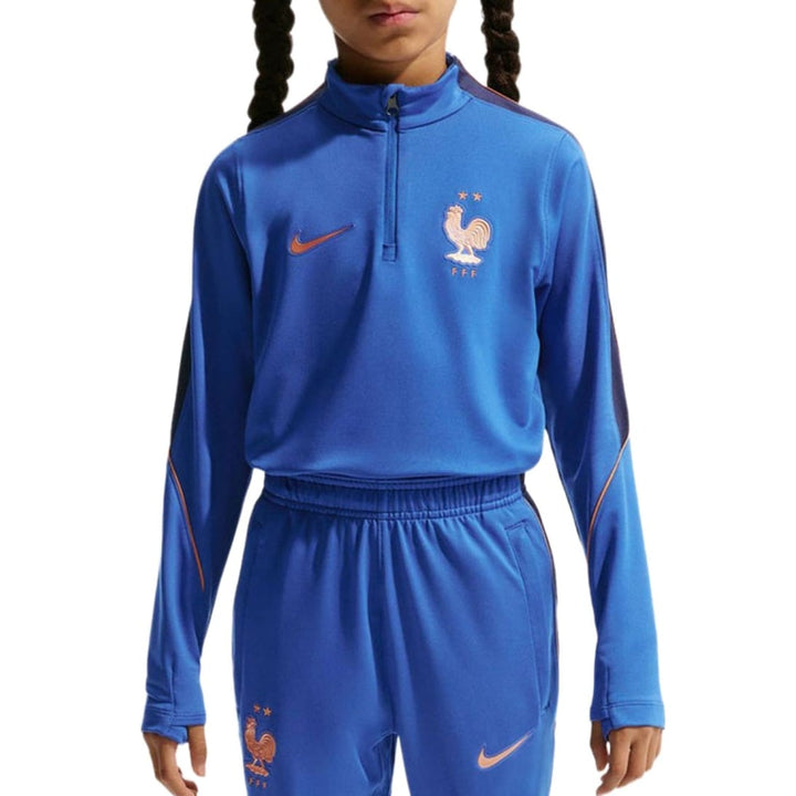 Kids Nike France Training Technical soccer tracksuit 2026 in blue with official team logo and zip-up collar