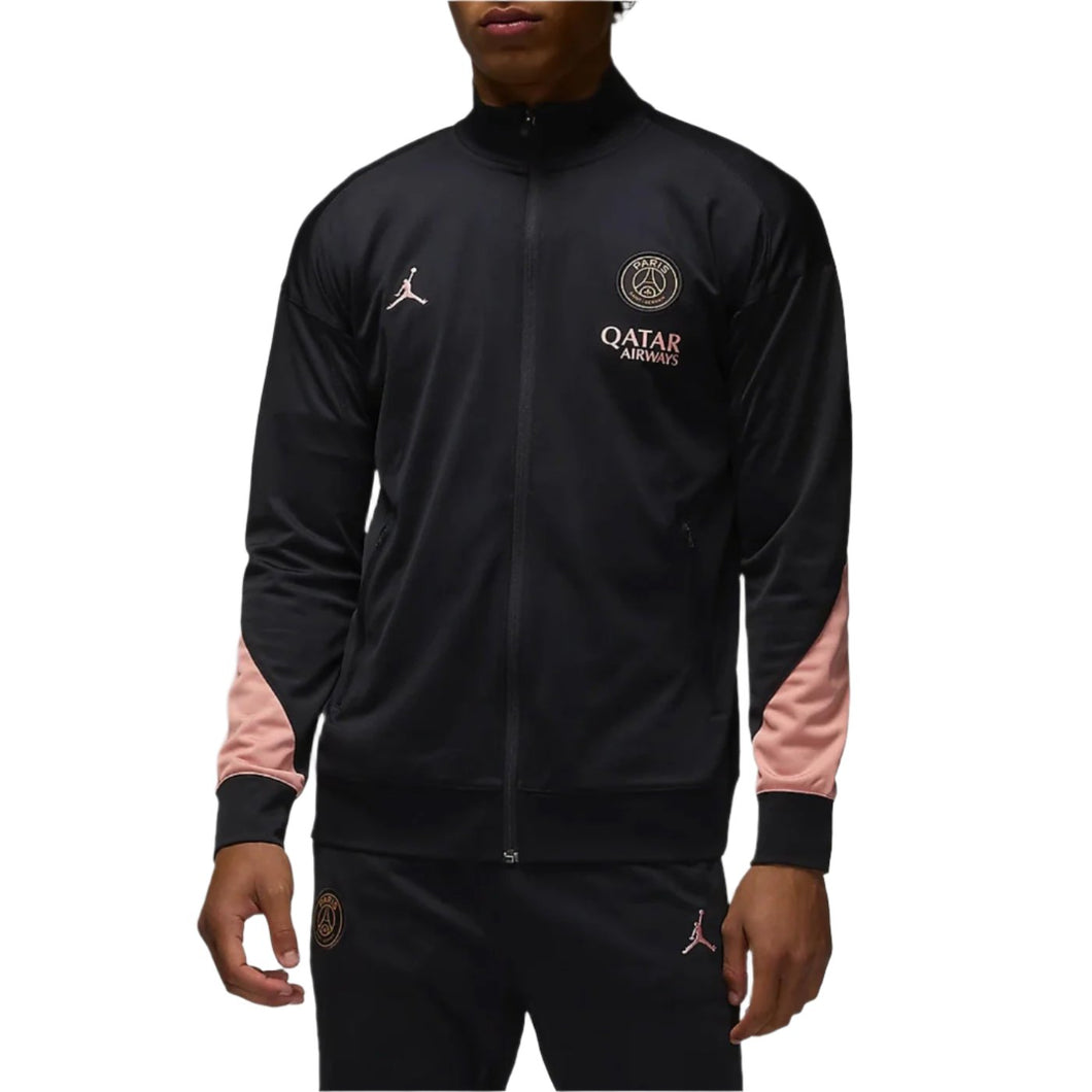 Black PSG Champions League tracksuit jacket with pink accents and full zip front