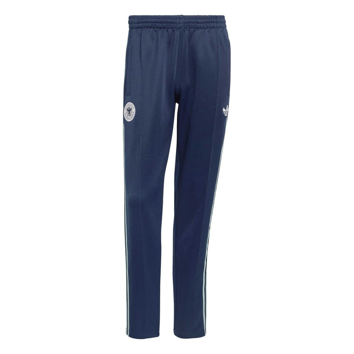 Navy blue Adidas track pants with white stripes and logo on the side
