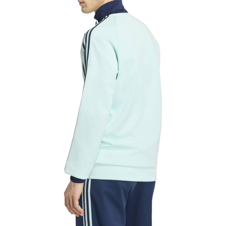 Men's mint green fleece sweatshirt with navy blue accents and three-stripe detail on sleeves