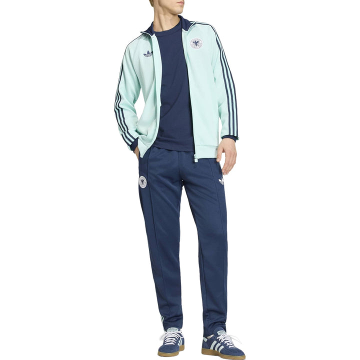 Men's tracksuit in mint green and navy blue with white logo and three stripes on sleeves