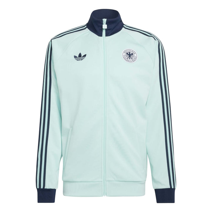 Mint green Adidas track jacket with navy accents and three stripe design