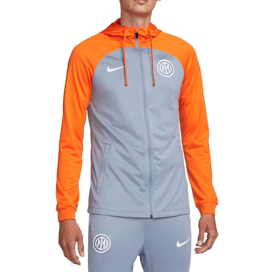 Inter Milan grey presentation tracksuit 2023 with orange accents and stylish fit for fans.