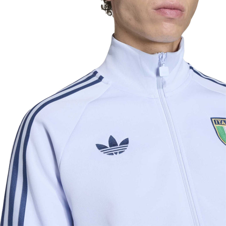White Adidas track jacket with blue stripes and Italy crest