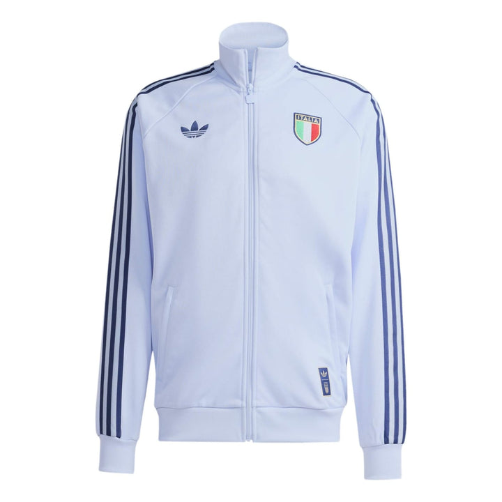White Adidas track jacket with blue stripes and Italy crest
