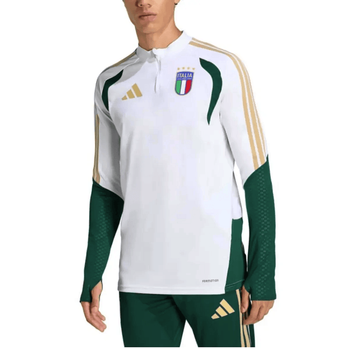 Italy training technical soccer tracksuit 2026/27 by Adidas in white and green with gold accents and official logo