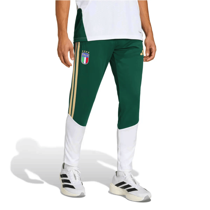 Italy training technical soccer tracksuit set in green and white, featuring Adidas branding and official Italy emblem.