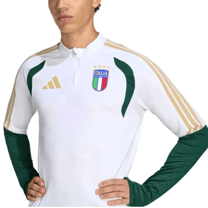 Italy training technical soccer tracksuit 2026/27 by Adidas in white with green accents and gold stripes