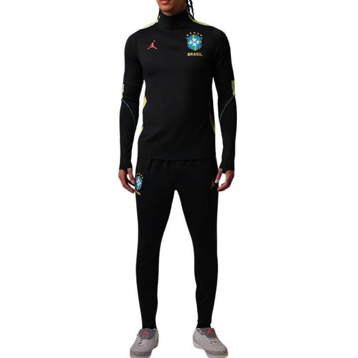 Jordan x Brazil black soccer tracksuit set with technical fabric and official branding for adults in various sizes