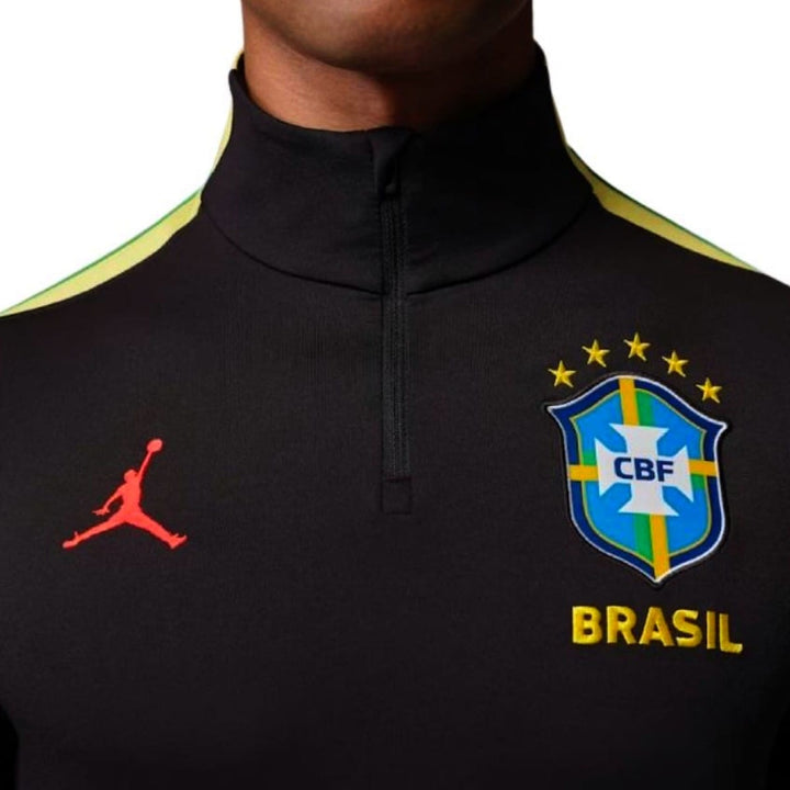 Jordan 2026/27 black soccer tracksuit featuring Brazil logo and zip-up collar, designed for training and official use.