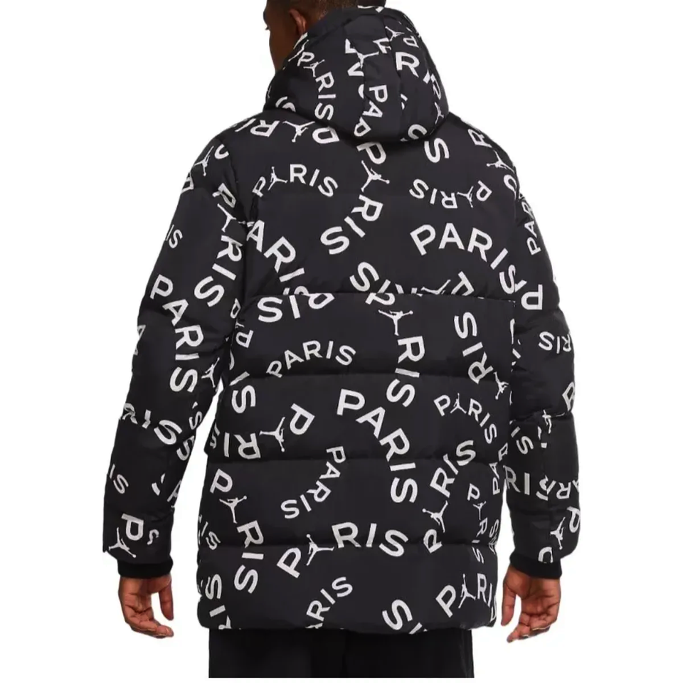 Jordan PSG black parka down jacket with all-over PARIS print, perfect for stylish winter wear