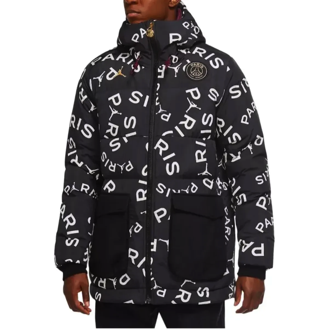 Jordan PSG black parka down jacket featuring bold Paris logos and a stylish hood