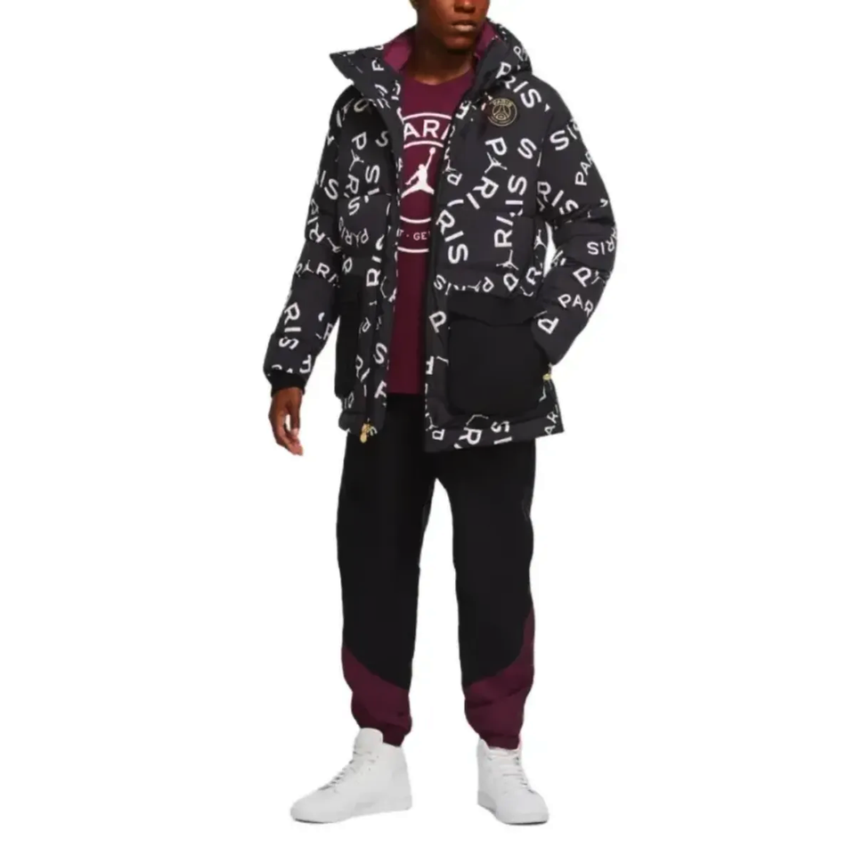 Jordan PSG black parka down jacket featuring a stylish design and warm insulation for winter wear