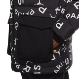 Stylish Jordan PSG black parka down jacket featuring logo prints and a front pocket for warmth