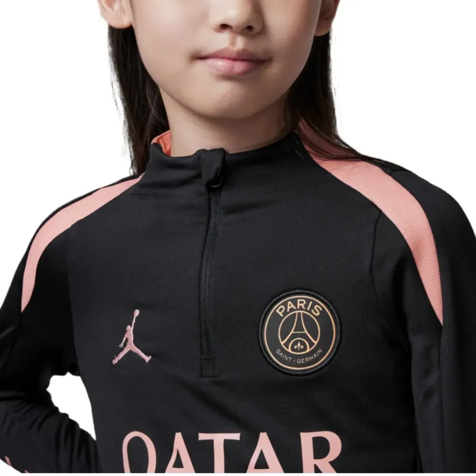 Jordan PSG black soccer tracksuit youth featuring Jordan logo and PSG emblem on SoccerTracksuits.com