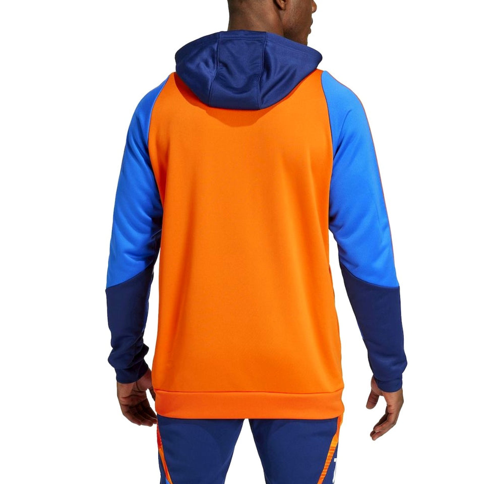 Back view of Juventus hooded training tracksuit 2024 in vibrant orange and blue design for athletes