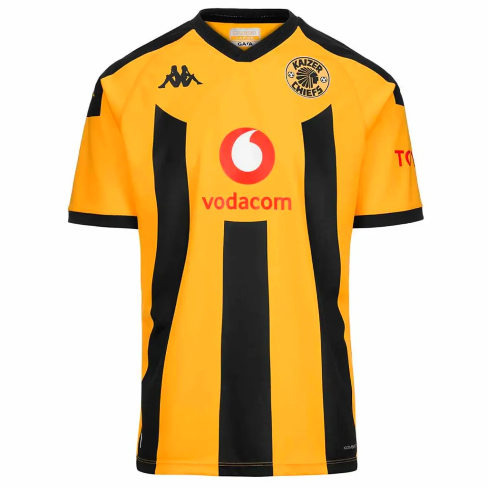 Kaizer Chiefs home jersey 2024 in bright yellow and black with Kappa logo and Vodacom branding
