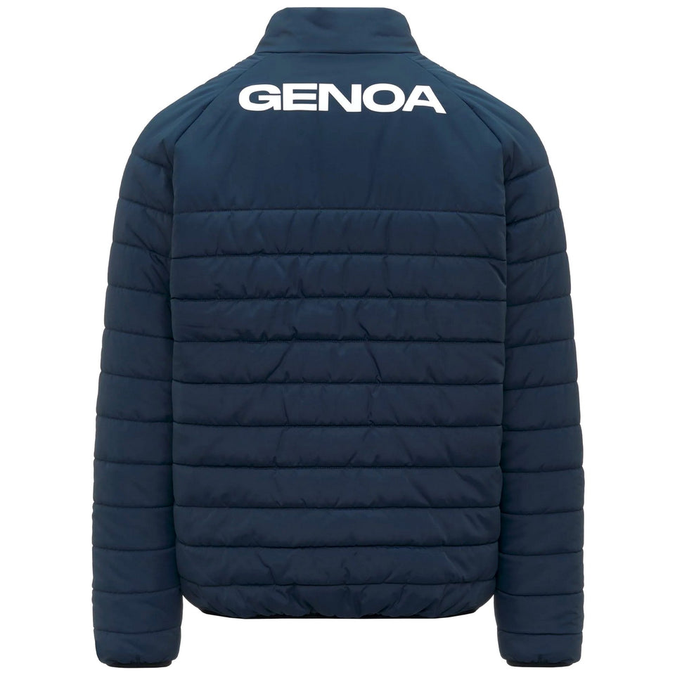 Back view of navy quilted bomber jacket with white GENOA logo across shoulders Genoa CFC bomber jacket 2025