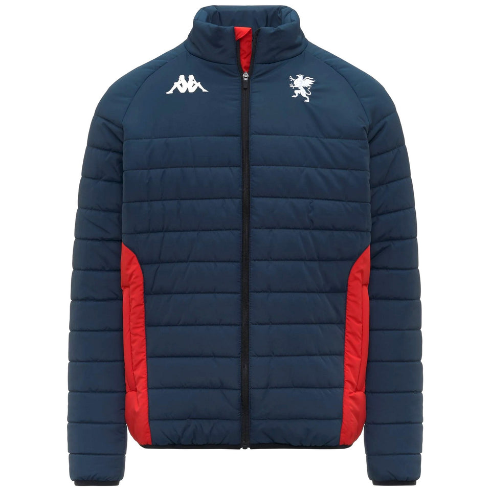 Genoa CFC bomber jacket 2025 navy quilted padded jacket with red side panels zip front high collar Kappa logos