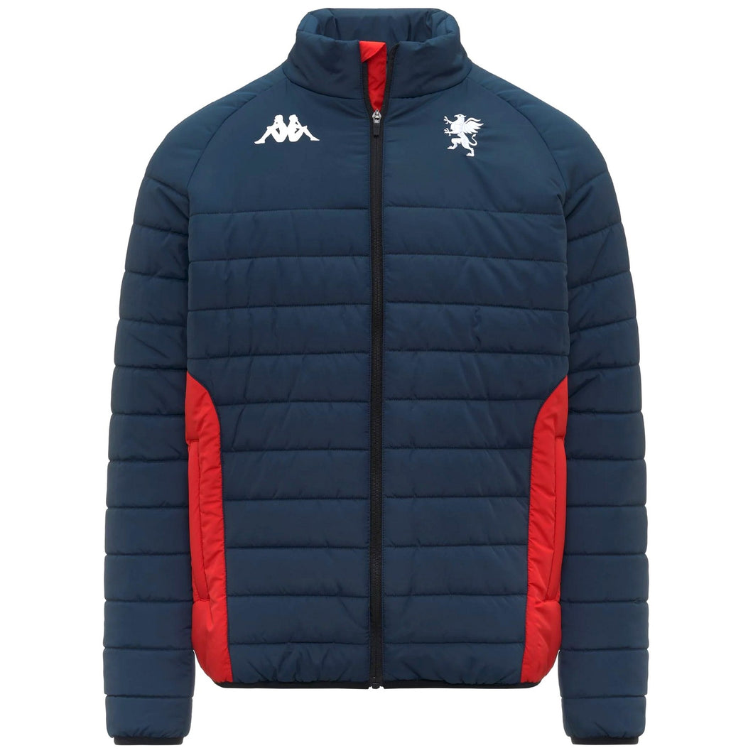 Genoa CFC bomber jacket 2025 navy quilted padded jacket with red side panels zip front high collar Kappa logos