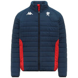 Genoa CFC bomber jacket 2025 navy quilted padded jacket with red side panels zip front high collar Kappa logos