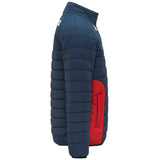 Genoa CFC bomber jacket 2025 navy quilted puffer jacket side view with red side pocket and stand collar