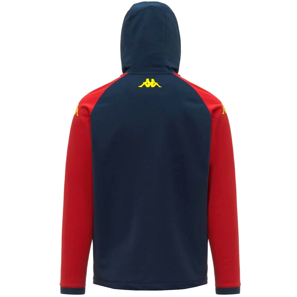 Back view of hooded Genoa CFC presentation tracksuit 2025 26 navy body red sleeves and yellow Kappa logos