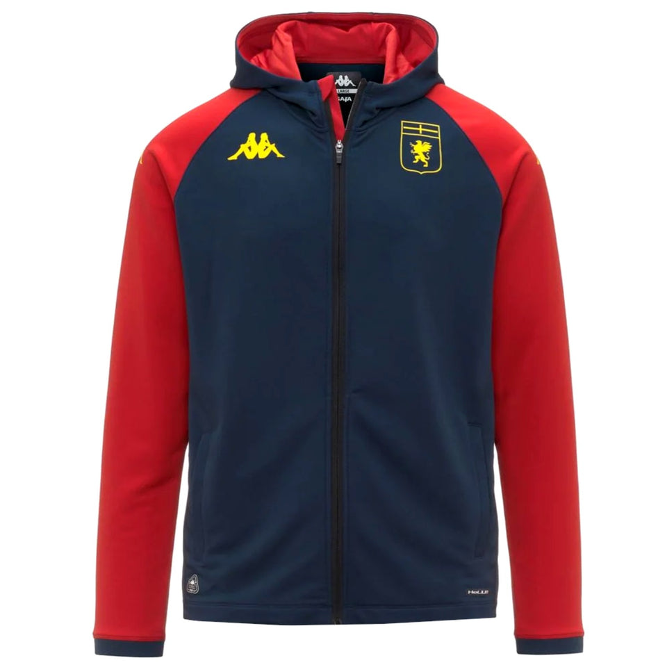 Genoa CFC presentation tracksuit 2025 26 navy zip hoodie with red sleeves yellow Kappa logo and club crest