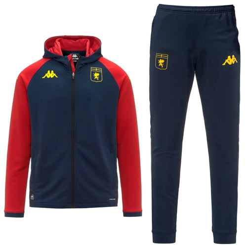 Genoa CFC presentation tracksuit 2025 26 navy red hooded jacket and tapered pants with yellow Kappa logos