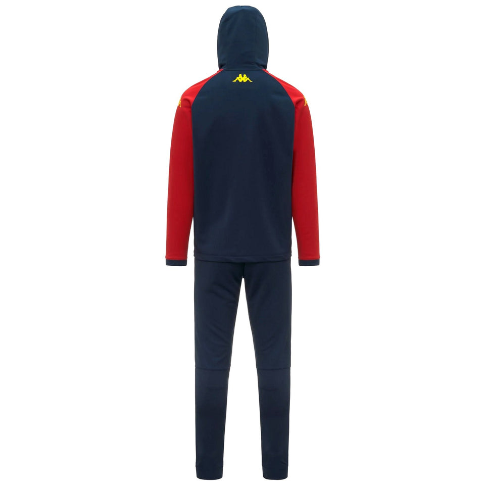Back view Genoa CFC presentation tracksuit 2025 26 navy hooded top with red sleeves yellow logo and matching pants