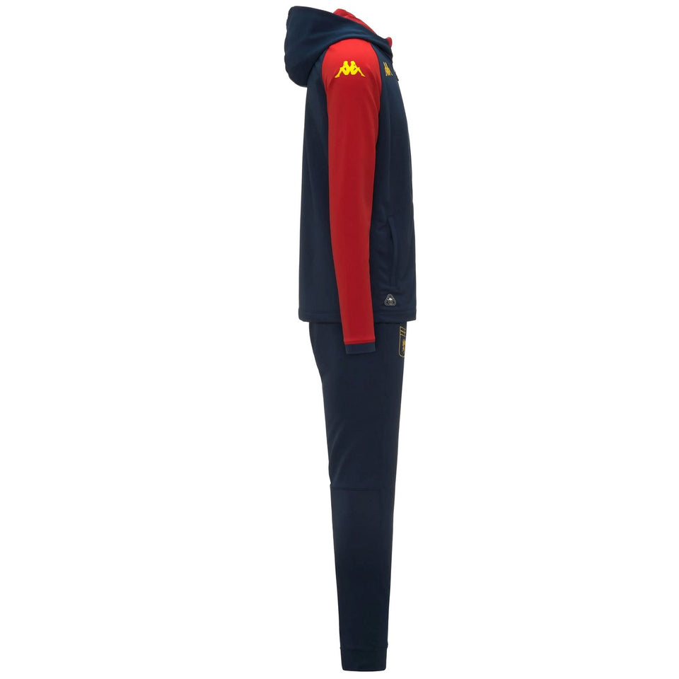 Side view navy and red hooded soccer tracksuit with tapered pants and yellow Kappa logos Genoa CFC presentation tracksuit 2025 26