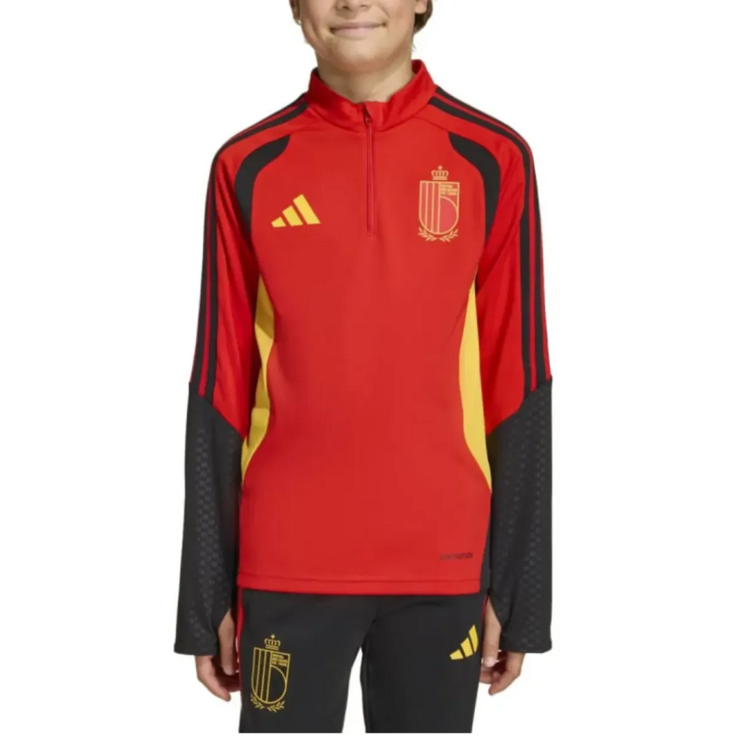 Kids Belgium training tracksuit 2026 featuring a red shirt with black and yellow accents