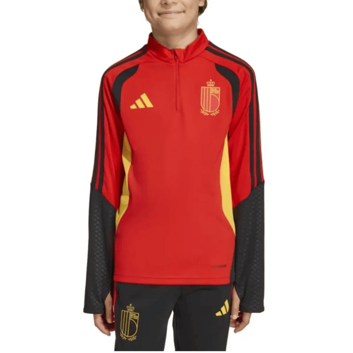 Kids Belgium training technical soccer tracksuit set in red and black with Adidas branding for 2026/27 season.