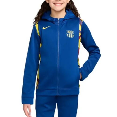 Kids FC Barcelona blue tracksuit 2026 featuring zip-up hoodie and colorful accents for young fans