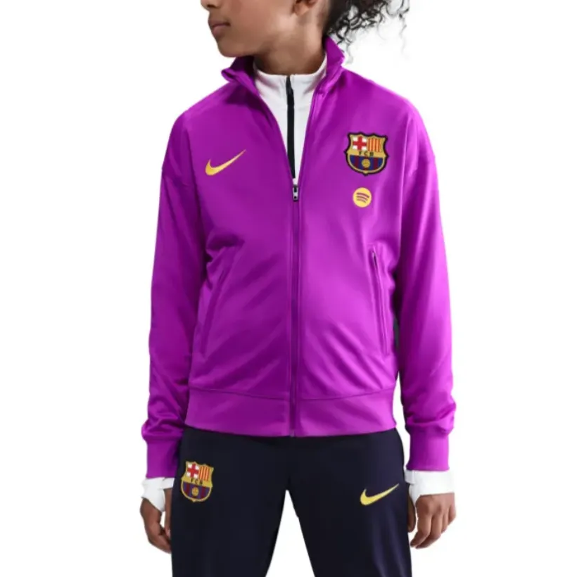 Kids FC Barcelona tracksuit 2025 26 in vibrant purple with official club logo and Nike branding