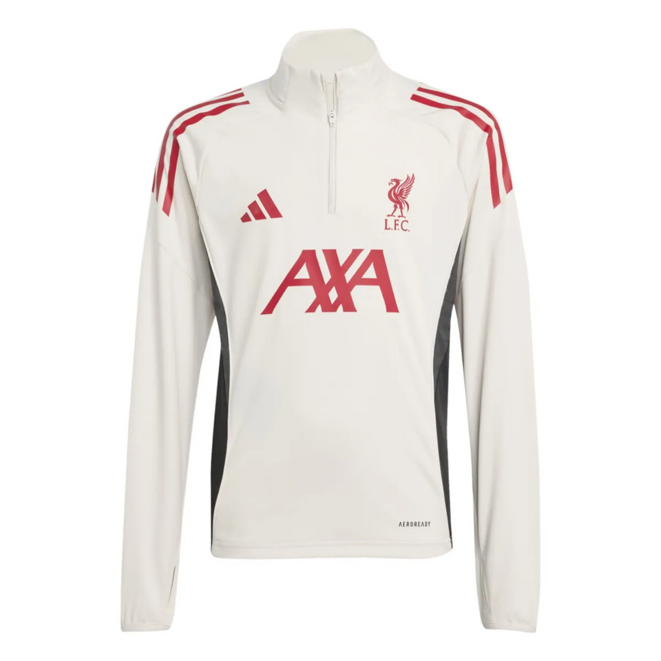 Kids Liverpool training tracksuit 2025 in white with red accents and team logo for young fans