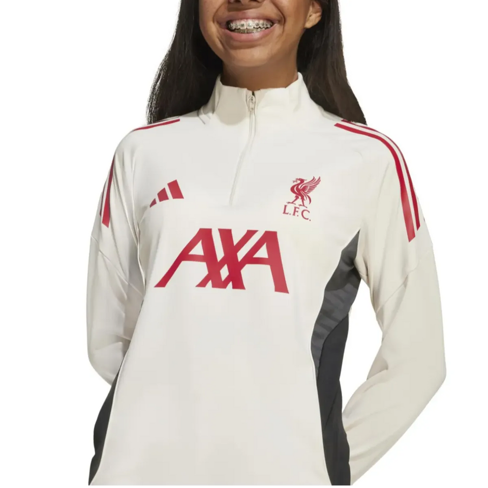 Kids Liverpool training tracksuit 2025 featuring a white top with red accents and the Liverpool FC logo