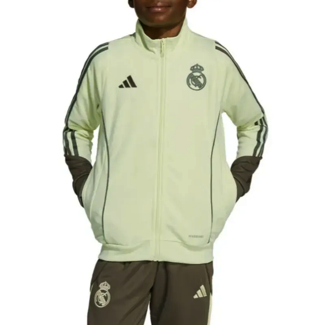 Kids Real Madrid tracksuit 2025 in light green and brown with official team logo and adidas branding
