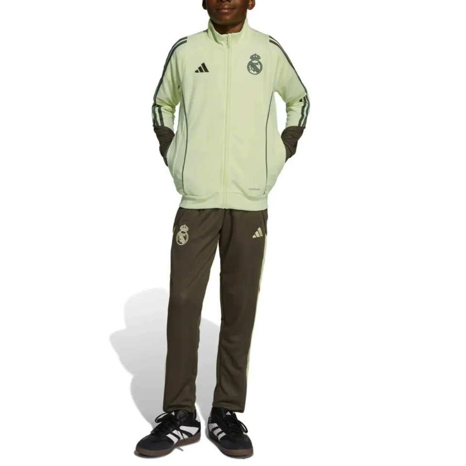 Kids Real Madrid tracksuit 2025 in light green and dark brown with Adidas branding for young fans