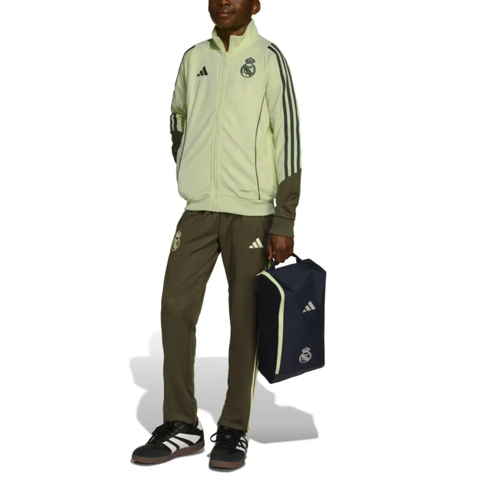 Kids Real Madrid tracksuit 2025 in green and grey with logo and matching carry bag for young fans