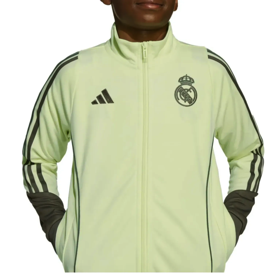 Kids Real Madrid tracksuit 2025 in bright yellow with Adidas logo and club crest for young fans