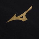 Close-up of the gold Mizuno logo on a Lazio Mizuno cotton tracksuit black fabric