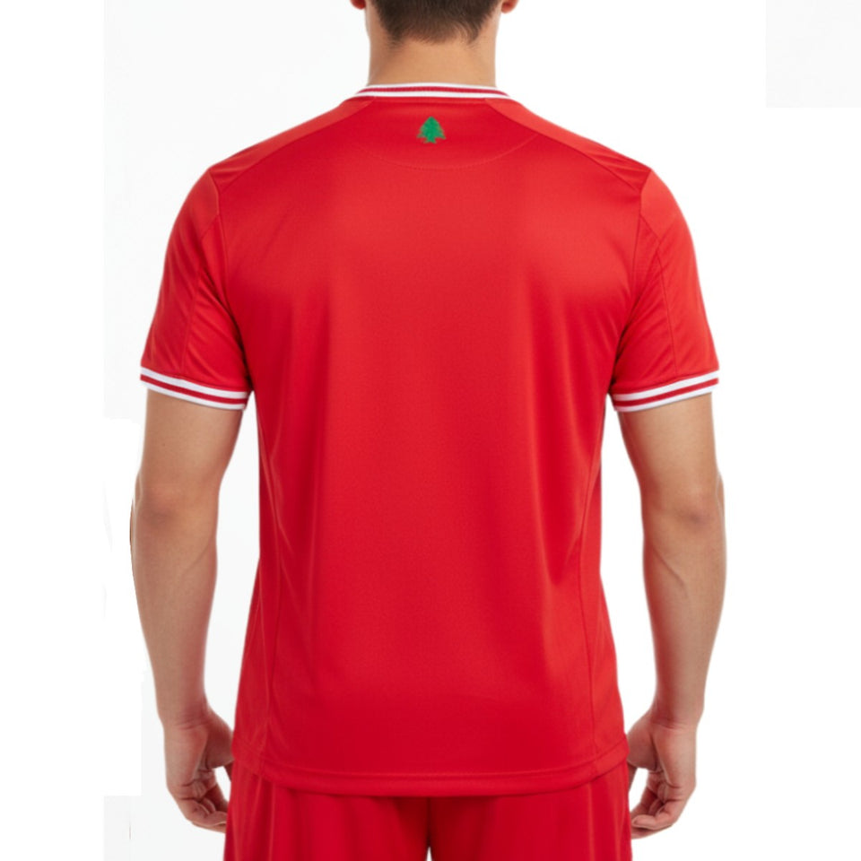 Lebanon home soccer jersey 2025 in red with white stripes and emblem on back for fans and players