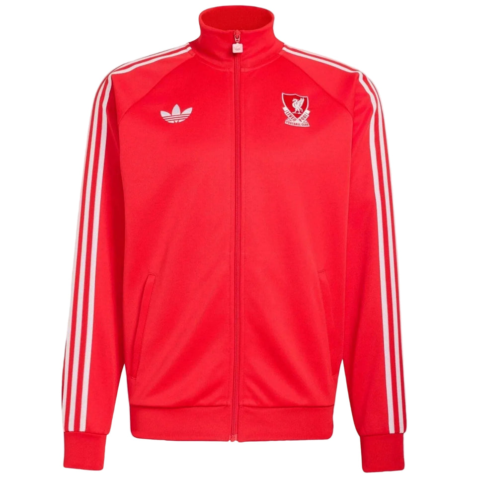 Red Liverpool tracksuit jacket with white stripes and logos on a light gray background