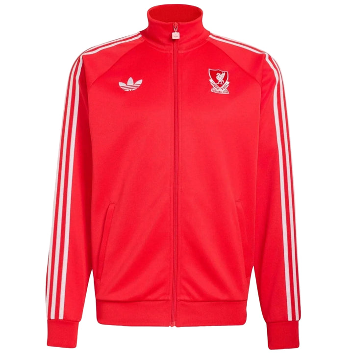Red Liverpool tracksuit jacket with white stripes and logos on a light gray background