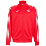 Red Liverpool tracksuit jacket with white stripes and logos on a light gray background
