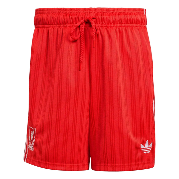 Red Liverpool FC Adidas Originals shorts with white logo on a light gray background
