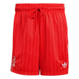 Red Liverpool FC Adidas Originals shorts with white logo on a light gray background
