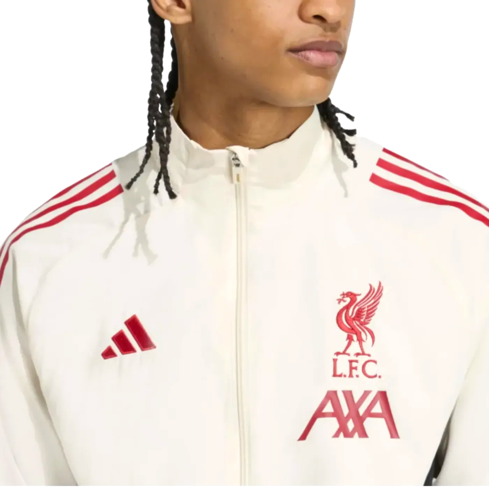 Liverpool FC Adidas tracksuit 2025 26 in white with red accents and embroidered logo on SoccerTracksuits.com
