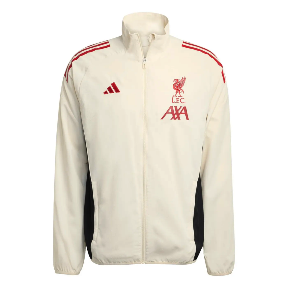 Liverpool FC Adidas tracksuit 2025 26 featuring white jacket with red details and embroidered logo